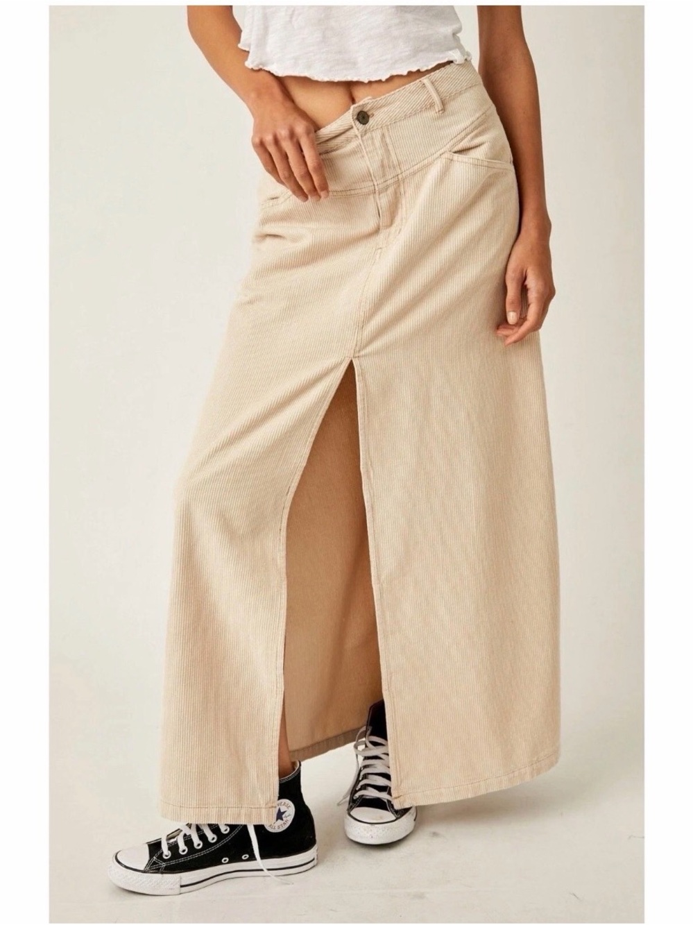 We the Free NWT Come As You Are Corduroy Maxi Skirt Front Slit Beige Size 8